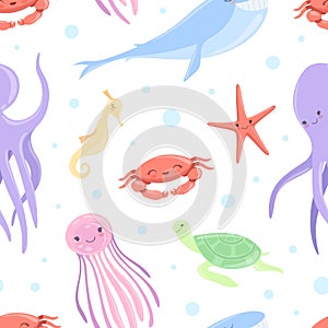 Cute Sea Animal and Underwater Mammal Floating in the Ocean Vector Seamless Pattern Template