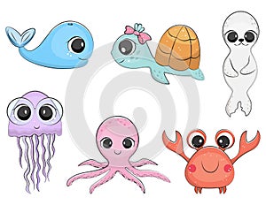 Cute sea animals collection. Nautical vector illustration.