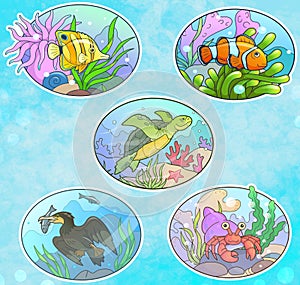 cute sea animals, funny stickers