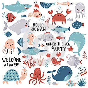 Cute sea animals, ocean set for summer baby shower and girls and boys birthday party design