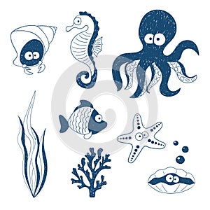 Cute Sea animals set. Doodle children drawings.