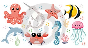 Cute sea animals, set of illustrations with aquatic inhabitants of the ocean, octopus and narwhal, starfish and yellow