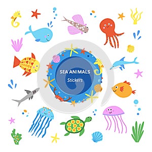 Cute sea animals stickers collection vector