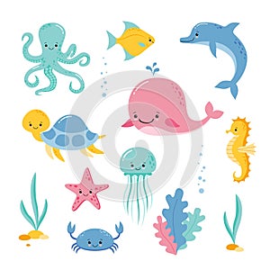 Cute sea creatures and animals vector icons isolated on white background. Kawaii style