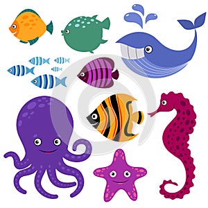 Cute sea creatures. Cartoon smiling animals