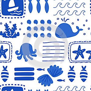 Cute sea creatures patchwork seamless pattern in blue and white. Vector summer vacation wallpaper, textile design