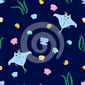 Cute sea creatures,seamless pattern with cartoon drawn kawaii stingray, shells, pearls and  water plant, perfect for kids apparel