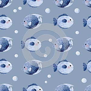 Cute Sea Fish Seamless Pattern on blue-gray background illustration