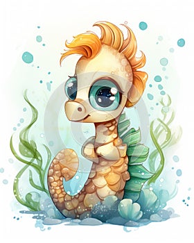 Cute Sea Horse Cartoon and Little Spiky Orange Hair Spitfire Completely Flooded Golden Watery Eyes Aliased