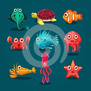 Cute Sea Life Creatures Cartoon Animals Set