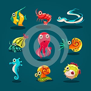 Cute Sea Life Creatures Cartoon Animals Set