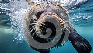 Cute sea lion swimming underwater, looking at camera generated by AI
