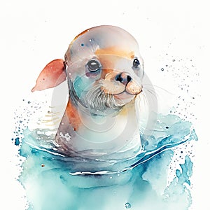 Cute sea lion in underwater world. Cartoon  illustration. Underwater world. AI Generated