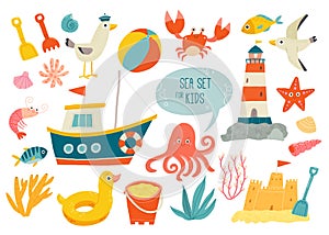 Cute sea objects collection. Kids beach toys. Funny summer vacation elements. Comic sea animals. Cartoon hand drawn10