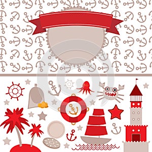 Cute sea objects collection. Vintage scrap nautical card with frame, anchor pattern and sea animals, boats pirates. Vector