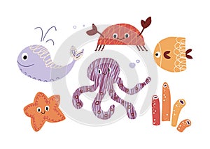 Cute sea, ocean animals set - octopus, whale, fish, crab, starfish