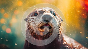 Cute sea otter face portrait on colorful sunny background, wet happy sea otter close up portrait swim in water