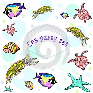 Cute sea party set. Turtle, fish and other wild animal photo