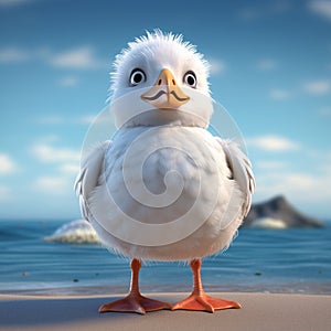 Cute Seagull 3d Rendering On Beach In Carl Barks Style