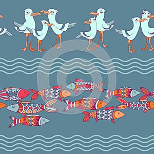 Cute seagull and fish. Seamless pattern with cartoon animals. Vector.
