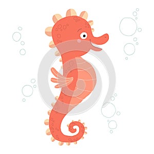 Cute seahorse. Cartoon vector hand drawn eps 10 illustration isolated on dark background in a flat style.