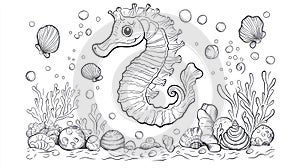 Cute Seahorse Coloring Page with Seashells and Bubbles