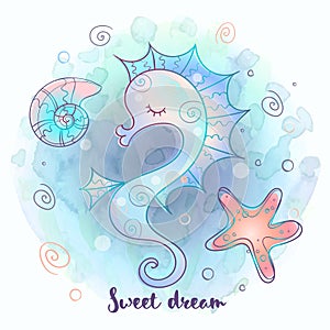 Cute seahorse sleeping sweetly. Sea world. Vector