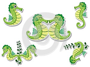 Cute Seahorses Cartoon Sticker Set. Vector Illustration With Cartoon Happy Animal