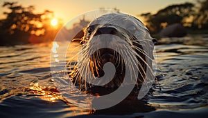 Cute seal swimming in the sunset, wet fur glistening generated by AI