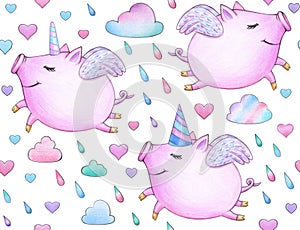 Cute seamless baby pattern, funny piglets.