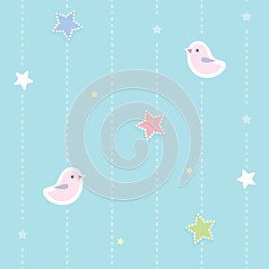 Cute seamless background with colorful dotted stars and pink birds. Children`s bedroom, baby nursery wallpaper.