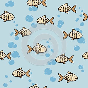 Cute seamless background with goldfish, bubbles and waves.