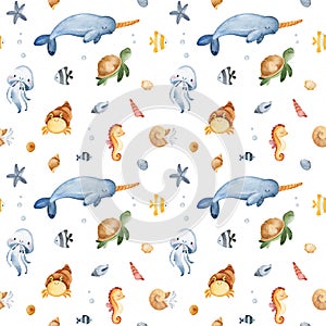 Cute seamless background with turtle,shells,fishes,narwhal,crab,jellyfish and starfish