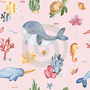 Cute seamless background with turtle,shells,fishes,narwhal,whale,seahorse and corals.