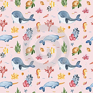 Cute seamless background with turtle,shells,fishes,narwhal,whale,seahorse and corals