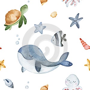 Cute seamless background with turtle,shells,fishes,whale,octopus and starfish.Underwater collection.