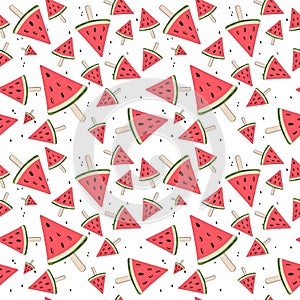 Cute seamless background with watermelon slices. Watermelon on a stick. Summer time. Vector