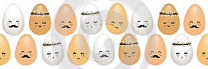 Cute seamless border with realistic Easter eggs as cartoon characters isolated on white horizontal banner background