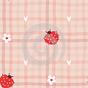 Cute seamless checkered pattern with ladybug and flowers. Vector Pastel background. Valentines day and love