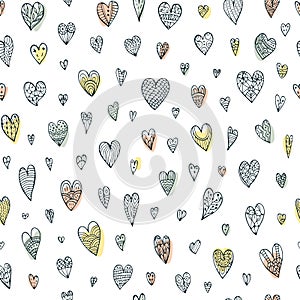 Cute seamless doodle pattern with different hearts.