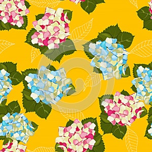 Cute seamless floral hydrangea pattern. Exotic art vector illustration. Hand drawn jungle motifs design with small flowers