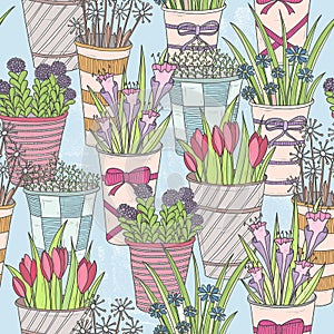 Cute seamless floral pattern. Pattern with flowers in buckets.