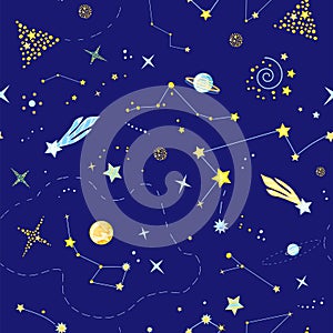 Cute seamless galaxy stylized pattern with constellations, planets, comets on the blue background. Vector illustration