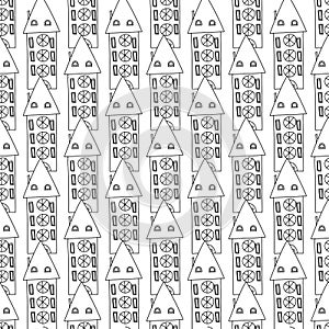 Cute seamless hand drawn doodle contour houses pattern in line art style