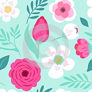 Cute seamless hand drawn spring pattern with primitive rustic flowers and leaves