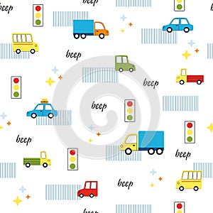 Cute seamless kids vector pattern with cars and buses on white background