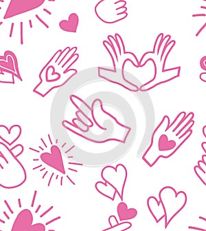 Cute seamless love pattern with Hands love language signs on romantic blue color. Hand drawn in doodle, cartoon style