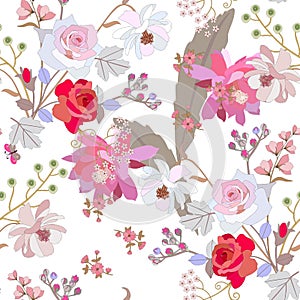 Cute seamless natural background with 3D effect. Bouquets of garden flowers, bird cherry branchs and epiphyllum