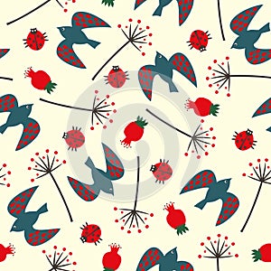 Cute seamless nature pattern with birdie, ladybug, rose hip, dandelion. photo