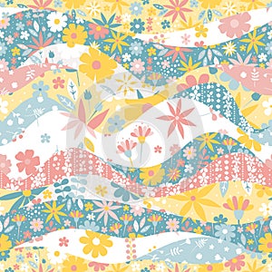 Cute seamless patchwork pattern with different floral ornaments. Print for fabric and textile. Beautiful design for blanket, plaid